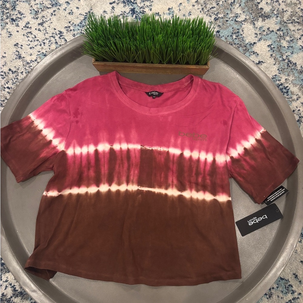 BEBE Sport Women's Tie Dye Short Sleeve Crop  T-shirt Brown Pink Size M NWT